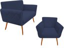 Ver imagem 1 de Kit Namoradeira + 1 Poltrona Decorativa Sabrina Suede Azul Marinho Pés Madeira Mz Decor