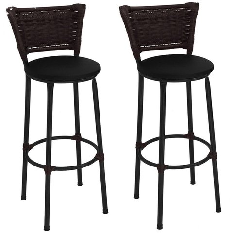 Kit 2 Banquetas Altas Preta com Encosto Junco Argila Assento Preto