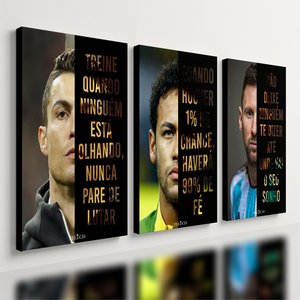 Kit 3 Quadro Decorativo Neymar Messi Cr7 Motivacional Futebol 28x20cm