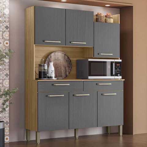 Armário de Cozinha Compacta Mdf 6 Portas Modena Plus - Freijó/gris
