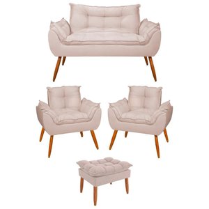 Kit 02 Poltronas + Sofá 2 Lugares com Puff Opala Balaqui Cor:bege