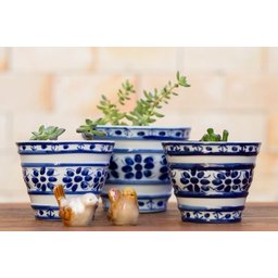 Kit Cachepot Vaso Decorativo Porcelana Azul Branca Sala Escritório Consultório - 1