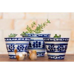 Kit Cachepot Vaso Decorativo Porcelana Azul Branca Sala Escritório Consultório