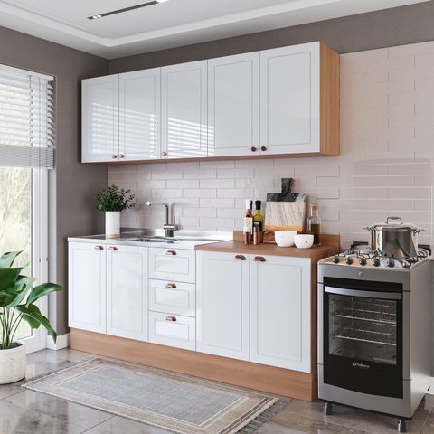 Cozinha Pérola 200cm com Rodapé 4 Peças Branco/Freijó Yescasa