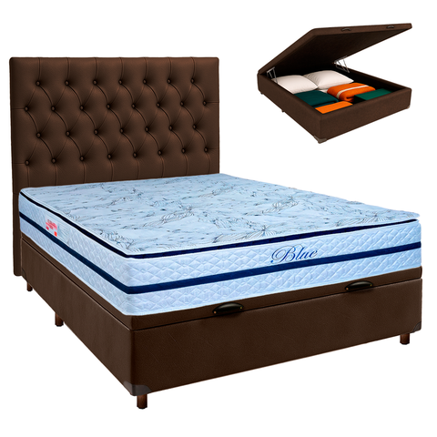 Kit Cama Box Bau + Cabeceira + Colchão Casal Molas Ensacadas - Blue - Paropas