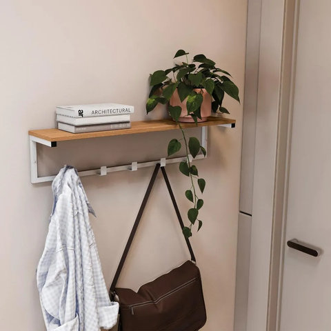 Cabideiro de Parede com Prateleira e 5 Ganchos Crome Industrial Canela/Branco – Kappesberg