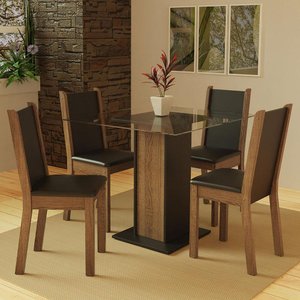Conjunto Sala de Jantar Madesa Aline Mesa Tampo de Vidro com 4 Cadeiras - Rustic/preto