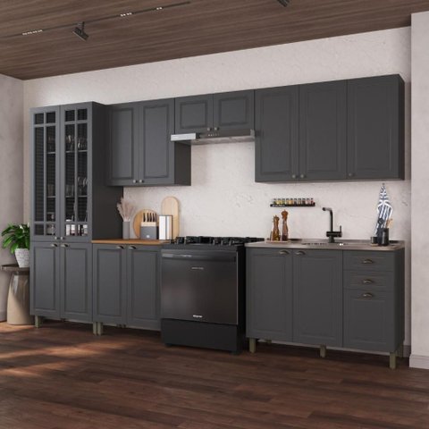 Armário de Cozinha Modulada Completa Fidelitá Nara 100% MDF 6 Peças 360cm 16 Portas 2 Gavetas sem