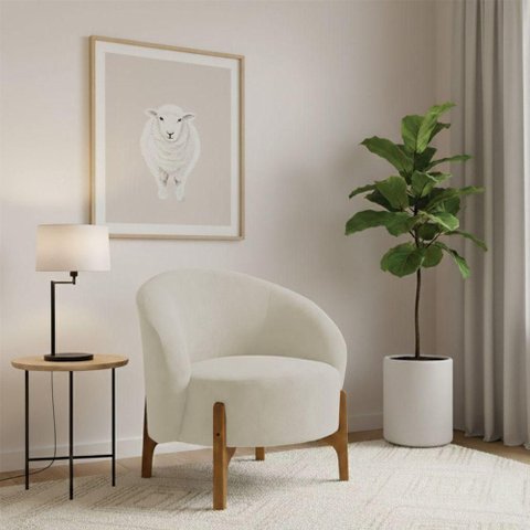 Poltrona Decorativa Orgânica Ariel Boucle Bege com Pés Madeira para Sala Loja Sheep