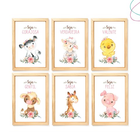 6 Quadros Decorativos C/ Moldura Animais da Fazenda Menina:pinus