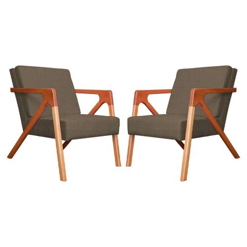 Conjunto 2 Poltronas Monalisa Com Braços de Madeira Linho Marrom - LM DECOR