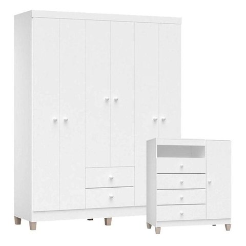 Cômoda e Guarda Roupa 6 Portas Ternura Baby Branco Brilho - Incorplac