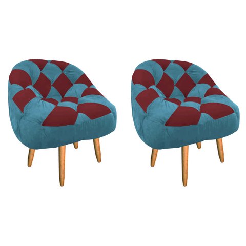 Kit 02 Poltrona Paloma Escritório Sala Pé Palito Suede Azul Turquesa e Suede Vinho - Dominic Decor
