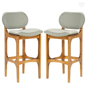 Kit 2 Banquetas Alta Estofada Rafine Madeira Maciça Castanho Linho Verde