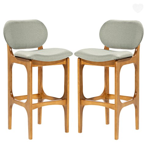 Kit 2 Banquetas Alta Estofada Rafine Madeira Maciça Castanho Linho Verde