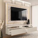 Ver imagem 3 de Rack Suspenso Gaia com Led e 2 Gavetas com Detalhes Ripado Calacata Off White Madetec