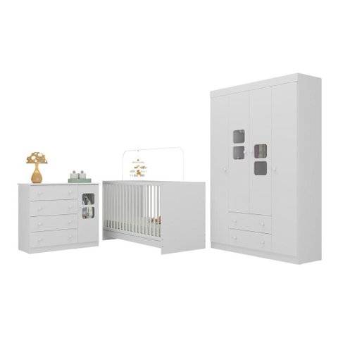 Quarto de Bebê Completo com Berço 3 em 1 para Colchão 130x60cm Brisa Multimóveis Mp4517 Branco