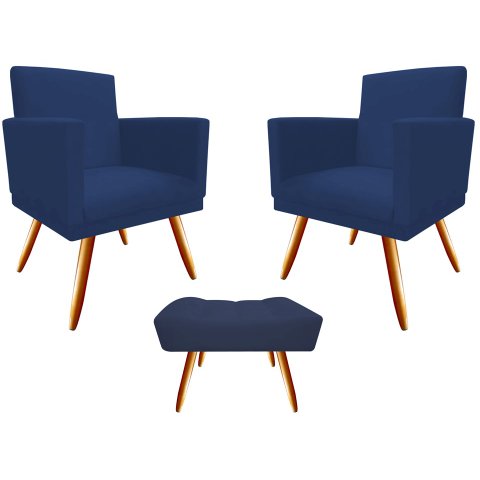 Kit 2 Poltronas Decorativa Bia + Puff Retangular Suede Azul Marinho Pés Madeira Mz Decor