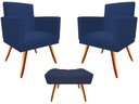 Ver imagem 1 de Kit 2 Poltronas Decorativa Bia + Puff Retangular Suede Azul Marinho Pés Madeira Mz Decor