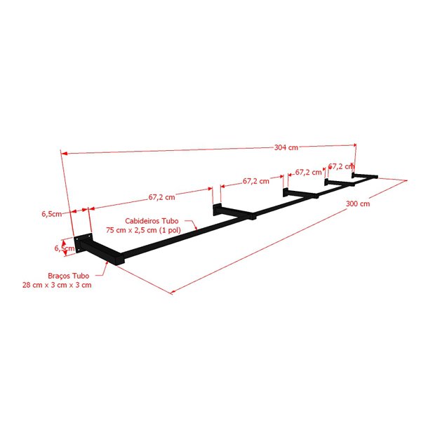 Arara de Parede para Loja Modelo Premium Leve Comac - 8 Tamanhos - Branco - 300cm - 2