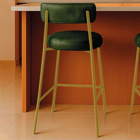Banqueta Cozinha Média com Encosto Industrial Dourado Londres PU Verde D03 - D'Rossi