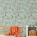 Ver imagem 3 de Papel de Parede Adesivo Pássaros e Flores Verdes Lavável Fosco 10m