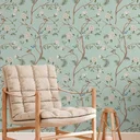 Ver imagem 2 de Papel de Parede Adesivo Pássaros e Flores Verdes Lavável Fosco 10m