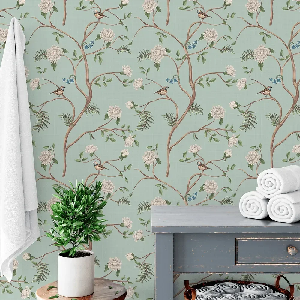 Papel de Parede Adesivo Pássaros e Flores Verdes Lavável Fosco 10m