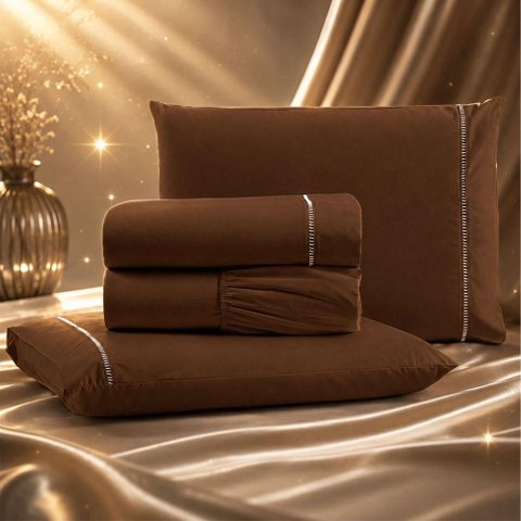 Jogo de Cama Lençol Quality King 4 Peças Micropercal 600 Fios Marrom Casa Show Enxovais