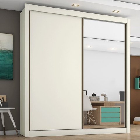 Guarda Roupa Solteiro com Espelho 2 Portas 4 Gavetas - Zurique-off White - Móveis Europa