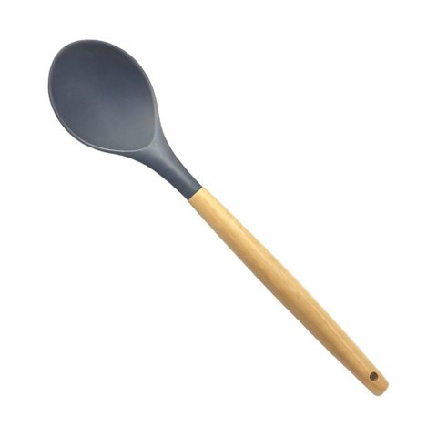 Colher de Silicone Cinza 31cm Cabo de Madeira Livre de Bpa