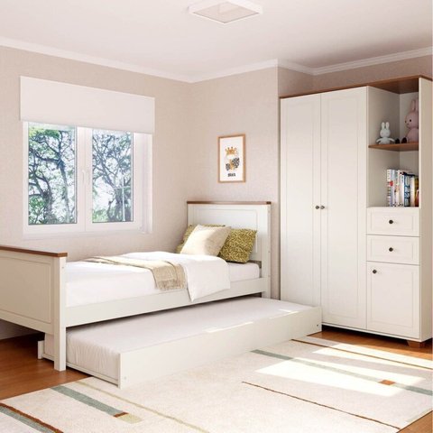 Quarto Juvenil Completo Bicama Solteiro e Guarda Roupa Ananda Casatema MadeiraOriginals Bege/Off White/Mel