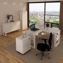 Ver imagem 1 de Escritório Completo com Mesa Angular Armário Alto Balcão e Gaveteiro Moon MDP Branco - Gran Belo