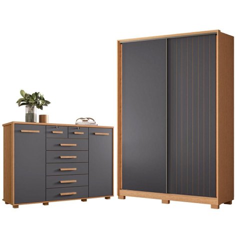 Guarda Roupa Solteiro Frizatto 02 Portas de Correr e Cômoda Fontana Freijo Titanium- Móveis Albatroz