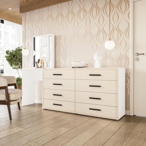 Cômoda Penteadeira Valência 8 Gavetas Espelho 209x160cm Creme/Branco 250801