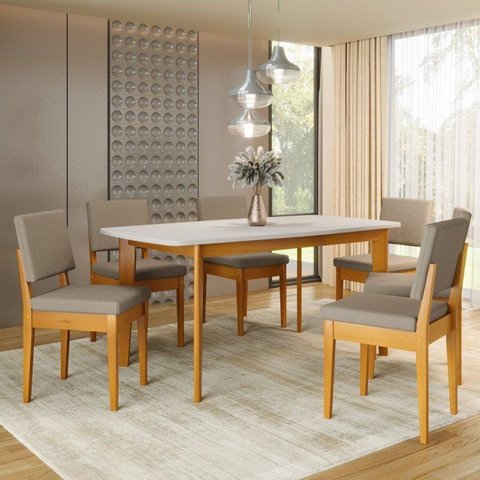 Conjunto Sala de Jantar Siera 6 Lugares Retangular Madeira Maciça Miami Natural/Cerejeira/Camurça