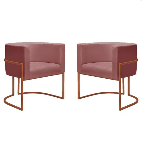 Kit 2 Poltronas Reforçadas Decorativa Sala Nayara Base Ferro Bronze Suede Rose