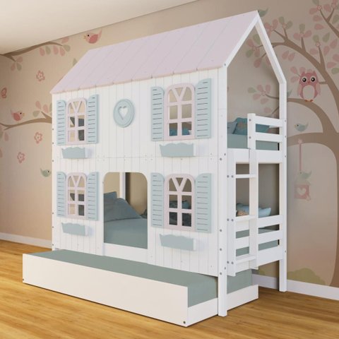 Treliche Casinha Bela com Coração 4 Janelas Venezianas - Madeira Maciça Branco/rosa/verde |