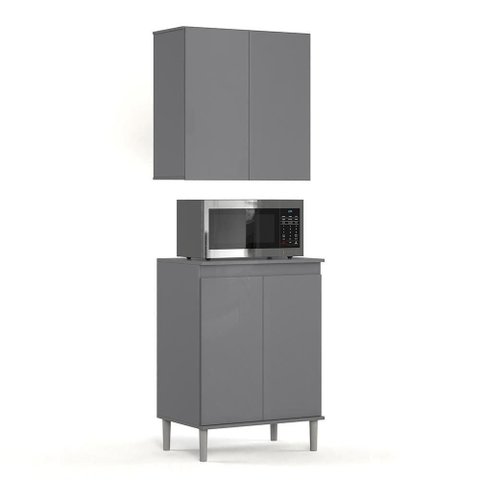 Kit de Cozinha 2 Peças com Balcão Micro-Ondas e Armário Aéreo 2 Portas Cinza – EJ Móveis