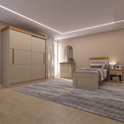 Conjunto Quarto de Solteiro Completo England em MDF Corda/Freijó