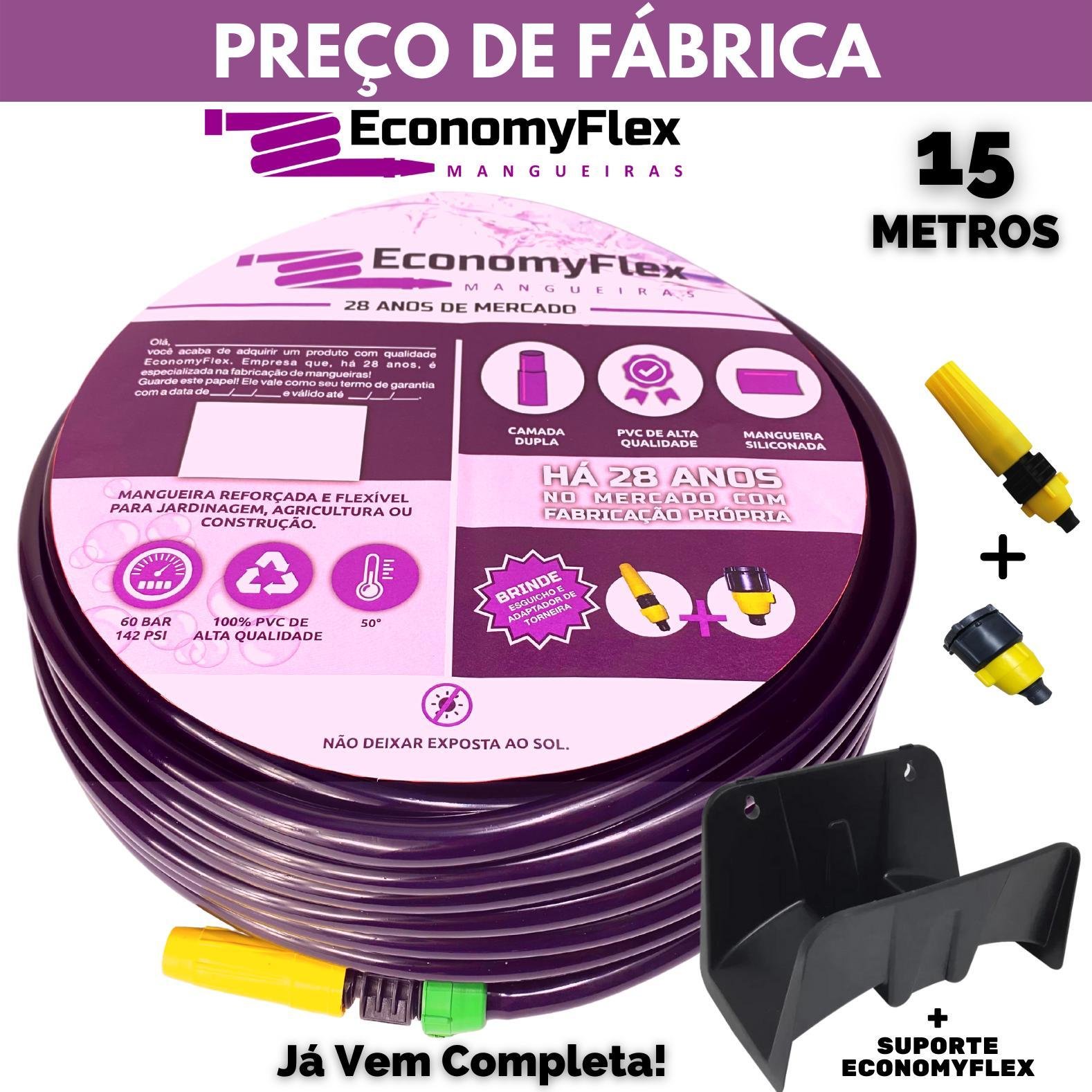 Mangueira de Quintal Caseira Economyflex Roxa 15m Suporte - 1