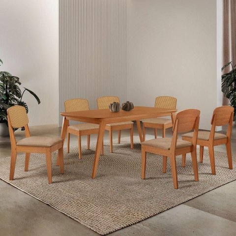 Mesa de Jantar Copper 180cm Tampo MDF Laminado 6 Cadeiras Turim 07/Naturalle/Naturalle