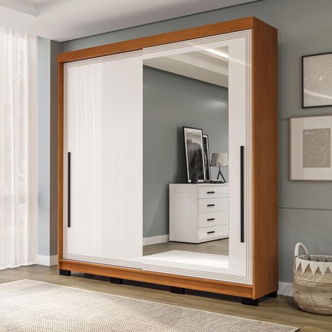 Roupeiro Valência 2 Portas Correr com Espelho 177x213cm Freijó/Branco 240853