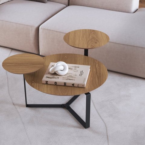 Mesa de Centro Três Tampos Chanfrado Orgânica Pé Metal Complementos