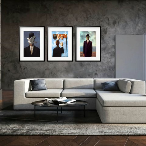 Kit 3 Quadros Grandes Magritte Collection 60x48cm:moldura Preta