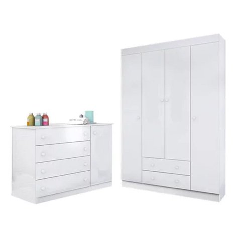 Roupeiro 4 Portas + Cômoda Sapateira Maria MDP Branco