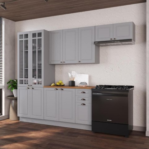 Armário de Cozinha Modulada Compacta Fidelitá Nara 100% MDF 4 Peças 280cm 12 Portas 2 Gavetas com