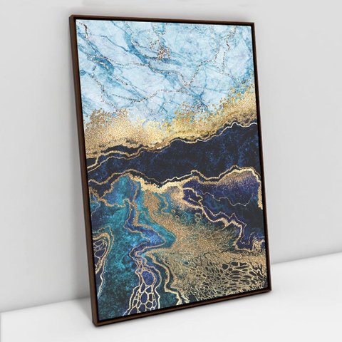 Quadro Decorativo em Canvas Abstrato Mármore Azul Profundo TaColado Moldura Flutuante 4,5cm Madeira 