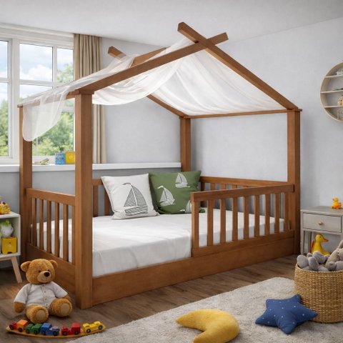 Cama Casinha Infantil Montessori de Madeira Maciça:Mogno