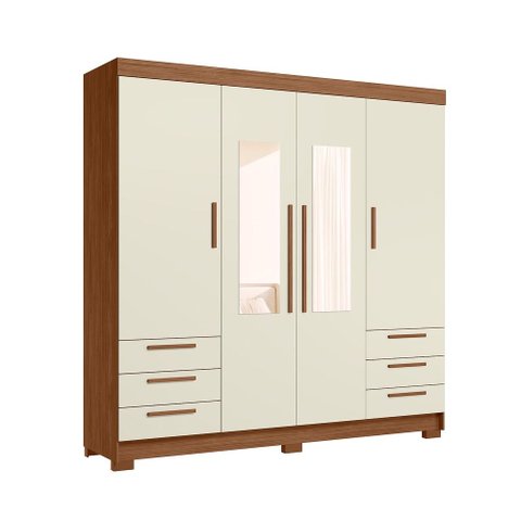 Guarda Roupa Roupeiro Casal com Espelhos 4 Portas 6 Gavetas Irati 4.6 Jatoba Areia Santos Andirá